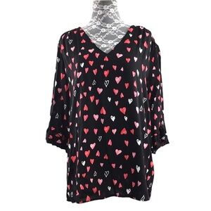 Rachel Roy Black Hearts Print‎ V Neck Rayon Blouse